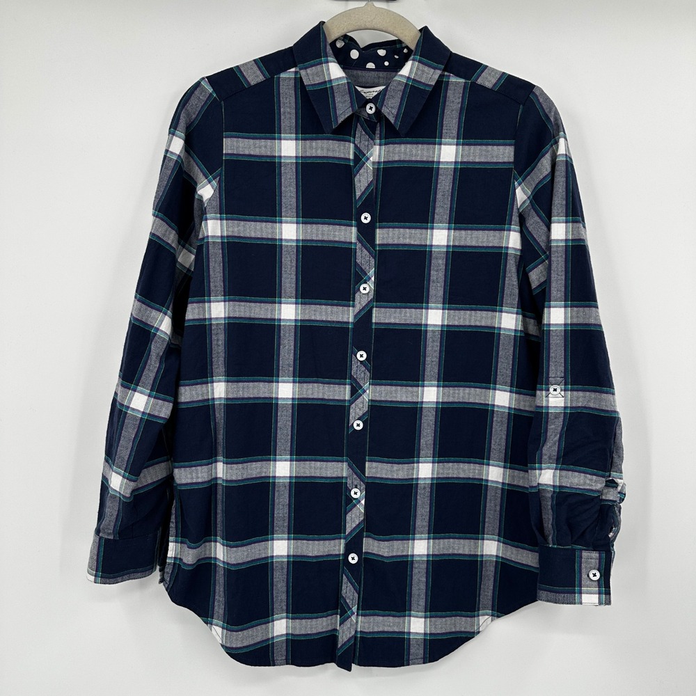 Foxcroft NYC Womens Navy Blue Plaid Tulip Back Roll Tab Button Down Shirt Size 4